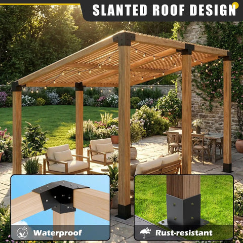 Outdoor scene showing a pergola with a slanted roof supported by a 4x4 Woodworks Pergola Brackets Kit With 15 Degree Three Way Brackets 75 Degree Three Way Brackets And Four Posts Heavy Duty Steel Construction With Black Powder Coat Durable Outdoor Slanted Roof Support Kit For Pergolas.