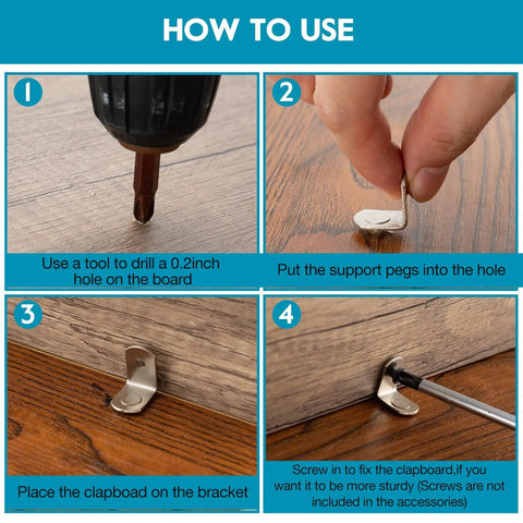 How to use Heavy Duty 3/16 Inch Shelf Pins For Cabinets; drilling hole, inserting pegs, placing clapboard.