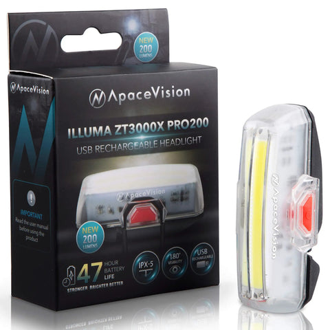 USB Rechargeable Bike Front Light With 200 Lumen LED Output For Day And Night Visibility box and front view