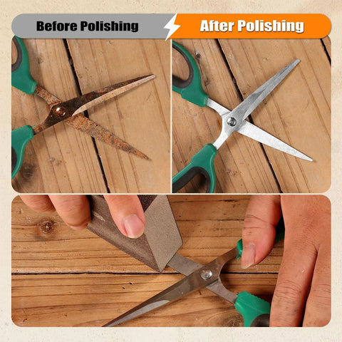 Before and after results of using Extra Fine 400 Grit Pro Grade Manual Sanding Sponge Sheet on rusty scissors.