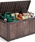 134 Gallon Waterproof Resin Outdoor Deck Box With Lock Doubles As Bench Seating For Patio Cushions Garden Tools And Pool Accessories No Fuss Heavy Duty Weather Ready Dark Brown Wood Grain Finish, open with garden tools inside