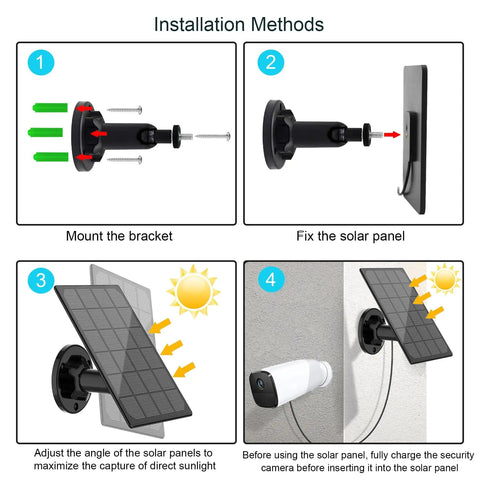 Installation steps for All Day Outdoor Camera Power From IP66 Waterproof Solar Panel with 10 ft cable and bracket