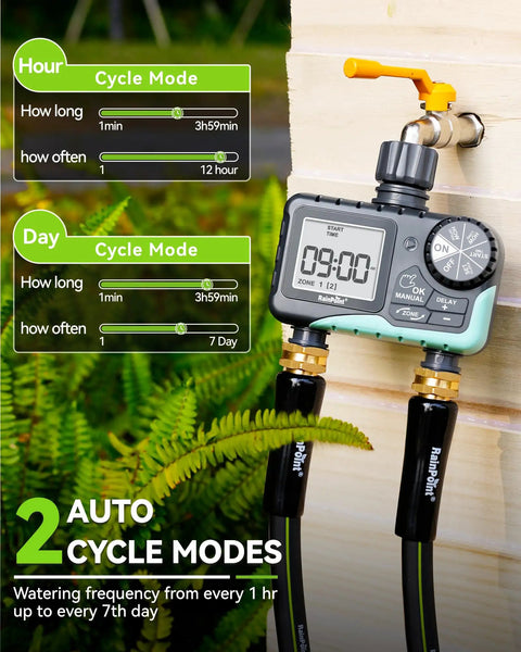 Two Zone Garden Hose Water Timer With Rain Delay And Manual Watering, Automatic Irrigation for Yard or Lawn Sprinklers, IP65 Waterproof
