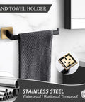 Black towel on 3 Piece Stainless Steel Bathroom Hardware Set Rustproof SUS 304 Wall Mount Toilet Paper Holder, Towel Bar, and Robe Hook with Brushed Finish for a Slick Modern Look and Long Lasting Durability.