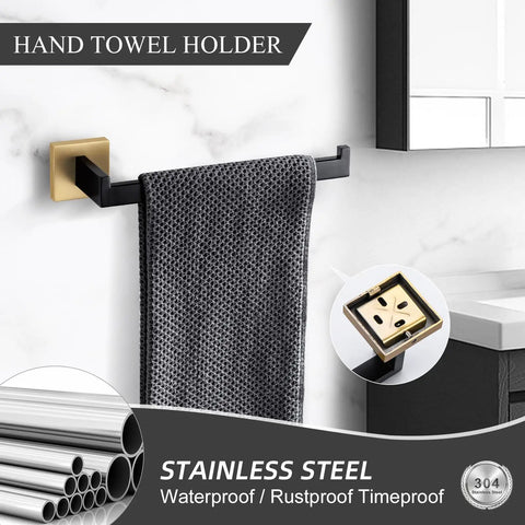 Black towel on 3 Piece Stainless Steel Bathroom Hardware Set Rustproof SUS 304 Wall Mount Toilet Paper Holder, Towel Bar, and Robe Hook with Brushed Finish for a Slick Modern Look and Long Lasting Durability.