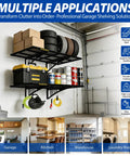 Workhorse Garage Wall Shelves Set 2 Pack 2x3 Foot Wall Mounted Storage Shelves With Hooks 500 Pounds Capacity Total Rust Resistant Steel Shelving For Laundry Basement Warehouse Black installed in a garage with tools and supplies on shelves.