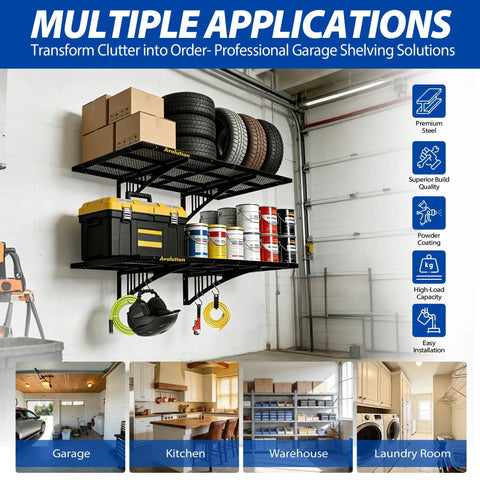 Workhorse Garage Wall Shelves Set 2 Pack 2x3 Foot Wall Mounted Storage Shelves With Hooks 500 Pounds Capacity Total Rust Resistant Steel Shelving For Laundry Basement Warehouse Black installed in a garage with tools and supplies on shelves.
