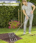 Man using a Heavy Duty Lawn Leveling Rake With Steel Construction, 180 Degree Rotating, Six Foot Handheld Grass Leveler on grass.