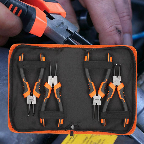 Heavy Duty Snap Ring Pliers Set 7 Inch 4 Piece Internal External Circlip Tools With Straight And 90 Degree Bent Jaws in pouch