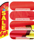 Sale Here Feather Flag Swooper With Flagpole Kit And Ground Stake shown with fabric details, waterproof and fade-resistant features.