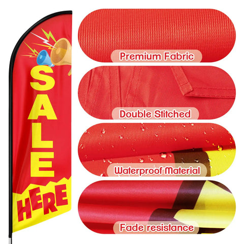 Sale Here Feather Flag Swooper With Flagpole Kit And Ground Stake shown with fabric details, waterproof and fade-resistant features.