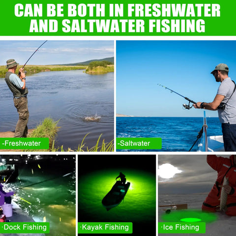 Four Pack Deep Water LED Fishing Light Kit With Beast Mode 360 Degree Green Steady On Glow Waterproof Night Lure Lights in freshwater and saltwater environments.