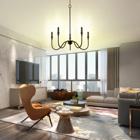 Living room with Five Light Farmhouse Linear Pendant Chandelier for Kitchen Island Dining and Living Room Matte Black Finish Sturdy Metal Iron Frame Modern Rustic Lighting Fixture Built to Last