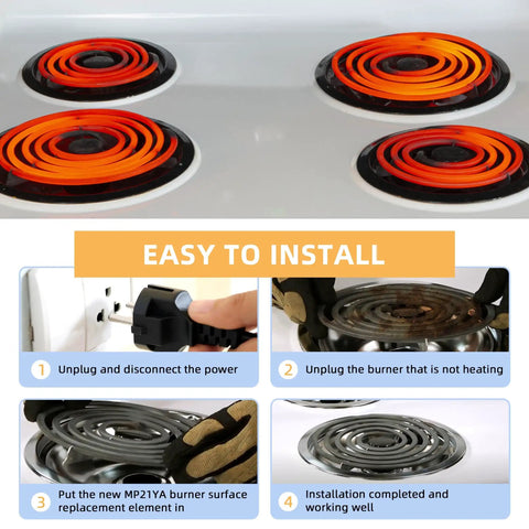 Step-by-step guide to installing 2 Pack MP21YA 8 Inch Electric Range Burner Elements Replacement on a stove.