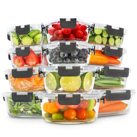 Glass Storage Containers With Lids Set For Meal Prep, 24 Piece Borosilicate Glass Food Storage, Leak Proof And Freezer Safe
