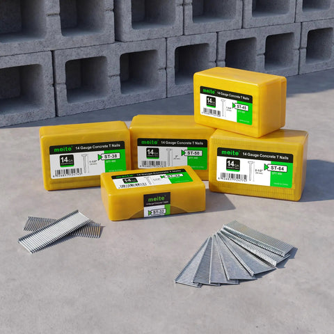 14 Gauge Concrete T Nails 1 1/2 Inch 800 PCS Total For Electric And Pneumatic Nailers, 2 Boxes Of 400 Nails, Smooth Feeding, Less Bending For Poured Basement Walls And Concrete For Pros And DIYers, boxed nails by cinder blocks