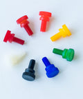 Top Shelf Nylon Thumb Screws Quarter Inch Twenty Thread Half Inch Long Black Quick Turn Fasteners in assorted colors.