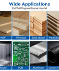 Wide applications of Pro Grade One Quarter Inch CNC Router Bits Kit for cutting MDF, plywood, solid wood, particleboard, acrylic, PCB, aluminum, carbon fiber.