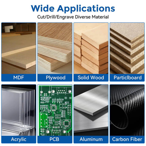 Wide applications of Pro Grade One Quarter Inch CNC Router Bits Kit for cutting MDF, plywood, solid wood, particleboard, acrylic, PCB, aluminum, carbon fiber.