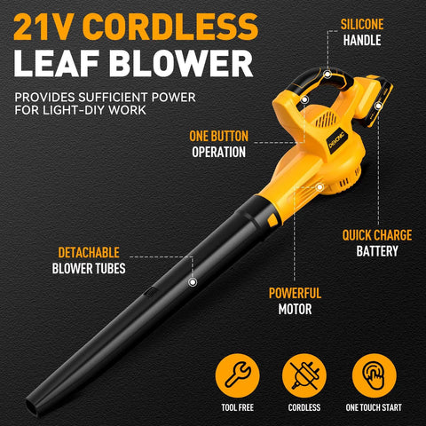 21V cordless leaf blower with silicone handle, detachable tubes, quick charge battery, and powerful motor for light DIY use.
