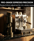 Rock Solid Single Dose Coffee Grinder With Brawny 38 Mm Conical Burrs And Butter Smooth Stepless Dial For Bold Espresso Pour Over Pulls Low Retention Anti Static Frame In Matte Black next to espresso machine in a modern kitchen.