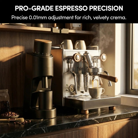 Rock Solid Single Dose Coffee Grinder With Brawny 38 Mm Conical Burrs And Butter Smooth Stepless Dial For Bold Espresso Pour Over Pulls Low Retention Anti Static Frame In Matte Black next to espresso machine in a modern kitchen.