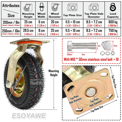 Heavy Duty Pneumatic Rubber Wheel Caster Four Pack Swivel Roller With Hand Brake Shock Absorbing Silent Roll Built Tough For Crushing Hefty Loads Floor Friendly Tire Goes Like A Dream