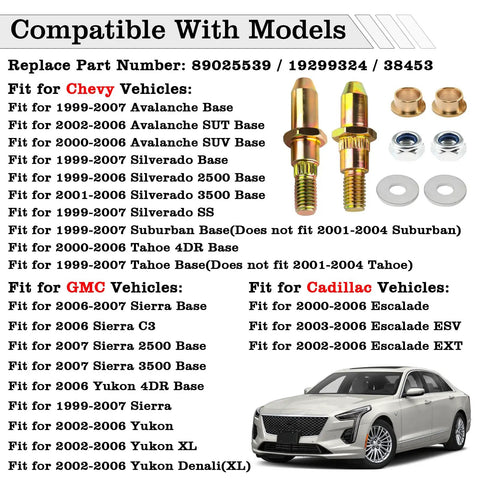 Door Hinge Pin And Bushing Repair Kit for 1999-2007 Chevy and GMC vehicles with model compatibility list and image of the kit.