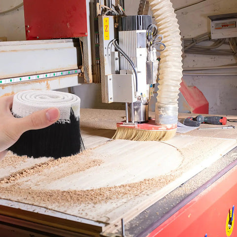 Heavy Duty Cnc Router Shoe Brush Strip And Engraving Spindle Motor Dust Guard With Quick Snap Fit For Blazing Woodchip Removal and Flawless Shop Cleanup On Benchtop Gear in use with CNC machine.