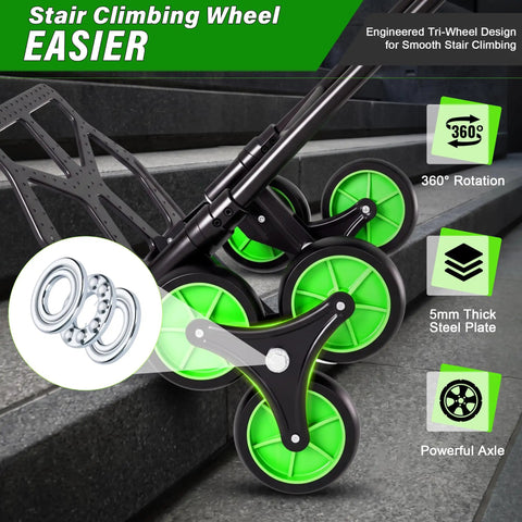 Stair Climbing Dolly With Six Wheels For Heavy Duty Loads 2 In 1 Hand Truck Cart With Elastic Cords To Secure Loads And Flat Ground 440lb Lift Capacity 220lb Climb Capacity Plus Folding Design Non Slip Wheels For Easy Storage, six-wheel stair cart on steps