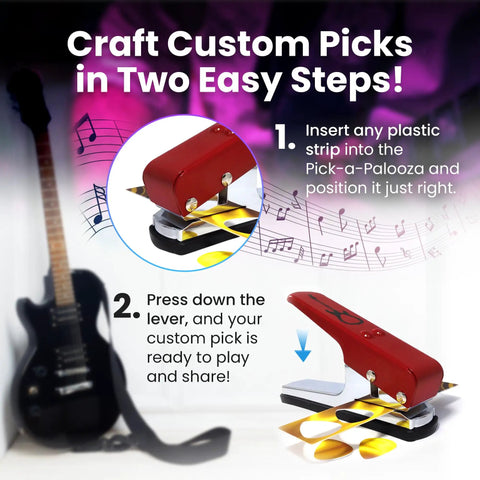 DIY Guitar Picks Punch Mega Pack For Musicians Custom Pick Maker Kit showing how to craft picks in two steps.