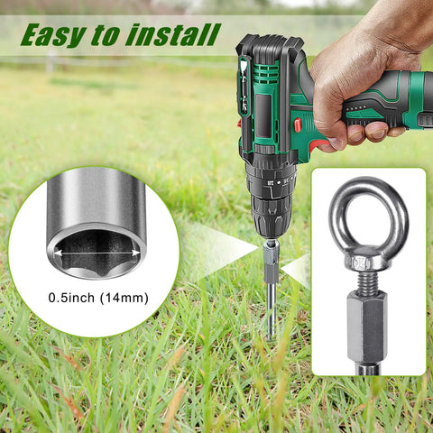 Installation of 30 Inch Ground Screw In Anchors Heavy Duty 12mm Solid Steel With 3 Inch Spiral Blade using a drill
