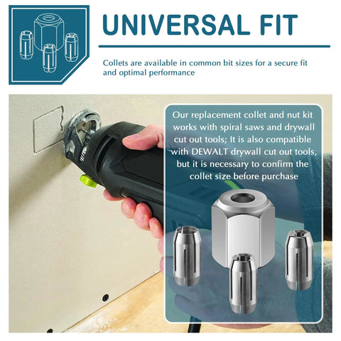 Replacement Collet And Nut Kit For Spiral Saws And Drywall Cutout Tools in use, showing versatility with CN1 and DEWALT tools.