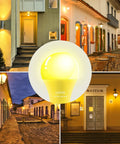 Amber Outdoor Bug Light Bulbs 9W 80W Equivalent E26 Base Flood Lights 2000K Warm Amber Glow For Porch Patio Hallway Decor Keeps Bugs Out No Dimmable 2 Pack - bulb closeup and lit outdoor ambiance