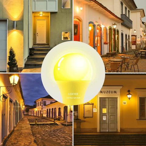 Amber Outdoor Bug Light Bulbs 9W 80W Equivalent E26 Base Flood Lights 2000K Warm Amber Glow For Porch Patio Hallway Decor Keeps Bugs Out No Dimmable 2 Pack - bulb closeup and lit outdoor ambiance