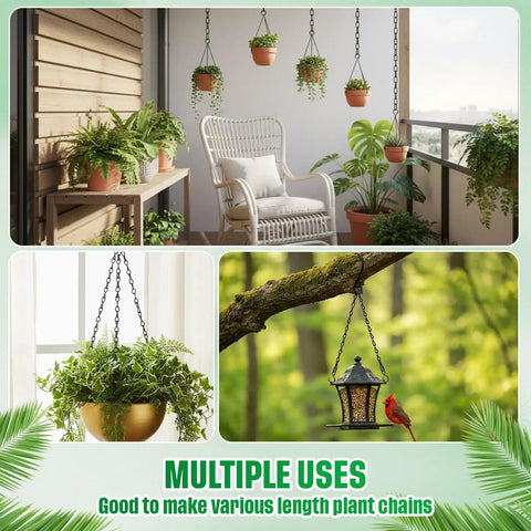 Two Pack Heavy Duty Hanging Chains For Bird Feeders Planters Lanterns And Ornaments Black Nine Point Five Inch Supports Up To Twenty Lbs Adjustable Hook To Shorten Or Extend No Fuss Install And Remove For A Flexible Do It Yourself Setup shown with hanging plants and bird feeder