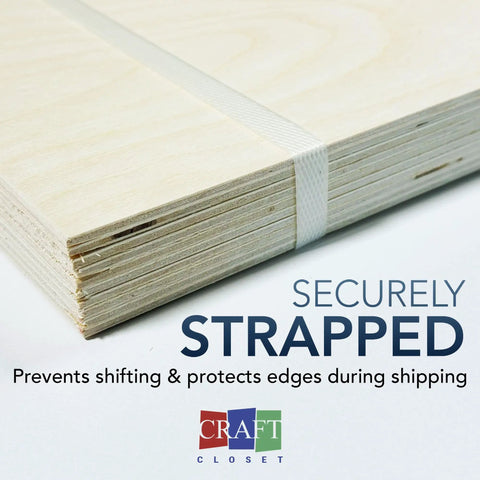 Baltic Birch Plywood Pack For Laser Engraving And CNC Projects 12 By 19 Inch Boards 6mm Thick securely strapped stack