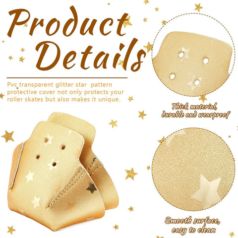 Two Piece Toe Guards For Roller Skates, Artificial Leather Protectors For Quad Skates, Glitter Gold With Star Pattern details
