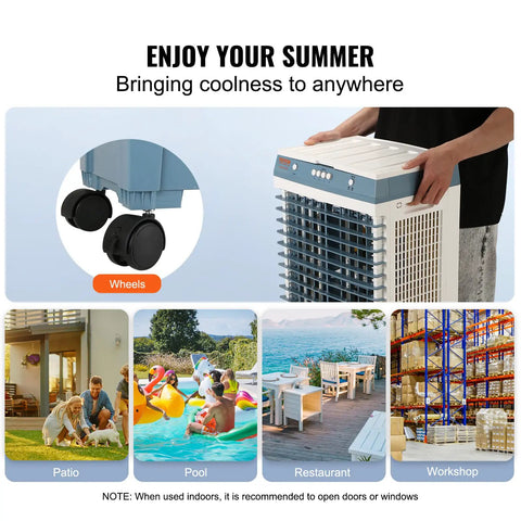 Evaporative Air Cooler 1400 CFM 11 X 31 Inch Portable Swamp Cooler With 3 Speeds in various outdoor settings