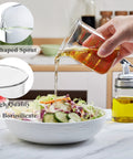Borosilicate Glass Measuring Cup 1 Cup 8oz with Spout pouring liquid into salad, showing V-shaped spout and clear readouts.