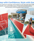 Game Changer Non Slip Drainage Flooring Rolls Custom Trim Down To Fit Pool Bathroom Garage Spa Warehouse Durable Water Resilient PVC Mats Thick Anti Fatigue Heavy Duty Commercial Grade Smooth Surface over poolside with water droplets.