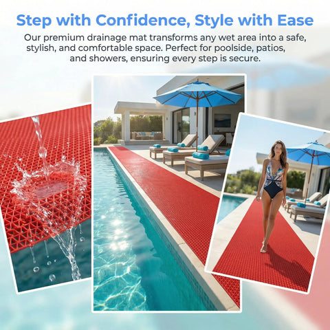 Game Changer Non Slip Drainage Flooring Rolls Custom Trim Down To Fit Pool Bathroom Garage Spa Warehouse Durable Water Resilient PVC Mats Thick Anti Fatigue Heavy Duty Commercial Grade Smooth Surface over poolside with water droplets.