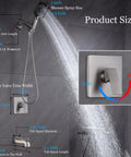 Diagram showing dimensions of Brushed Nickel Shower Faucet Set With Tub Spout 4 Setting Handheld Shower Rough In Anti Scald Valve