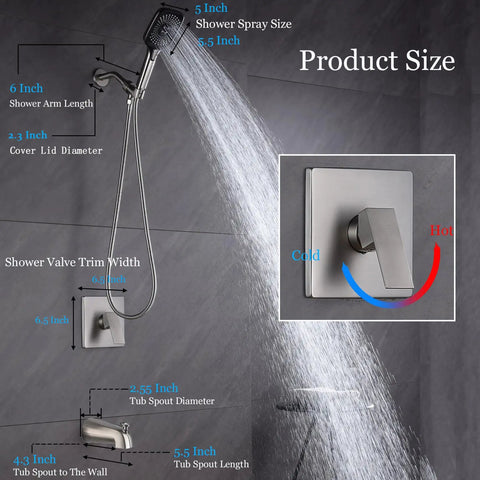 Diagram showing dimensions of Brushed Nickel Shower Faucet Set With Tub Spout 4 Setting Handheld Shower Rough In Anti Scald Valve