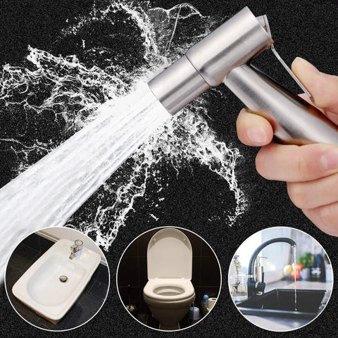 Two Pack Stainless Steel Handheld Bidet Spray Heads For Bathroom And Toilet Cleaning 8 Lpm Water Flow Durable 304 Stainless Steel Excludes T Valve Hose Holder Tape showing water flow in use