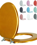 Round Wood Toilet Seat With Zinc Alloy Hinges No Fuss Prevent Shifting Easy Install Standard Round Size Easy To Clean Sparkling Classical Gold Finish Fits Most Round Toilets, shown in gold with multiple color options in background.