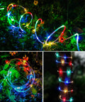 Outdoor Battery Operated LED Rope Lights 40 Ft With 120 LEDs, 8 Modes, Dimmable and Timed, wrapped around trees and greenery.