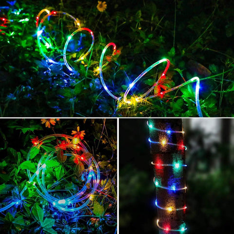 Outdoor Battery Operated LED Rope Lights 40 Ft With 120 LEDs, 8 Modes, Dimmable and Timed, wrapped around trees and greenery.