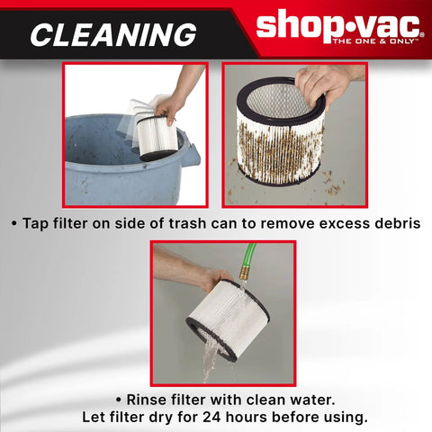 Cleaning process for 2-Pack Reusable Large Wet And Dry Vacuum Cartridge Filter for heavy duty cleanup at home, garage, or workshop