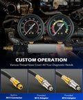 Orion Motor Tech cylinder leak-down tester with dual gauges on a metal manifold; M14 connector and M12/M10 adapters